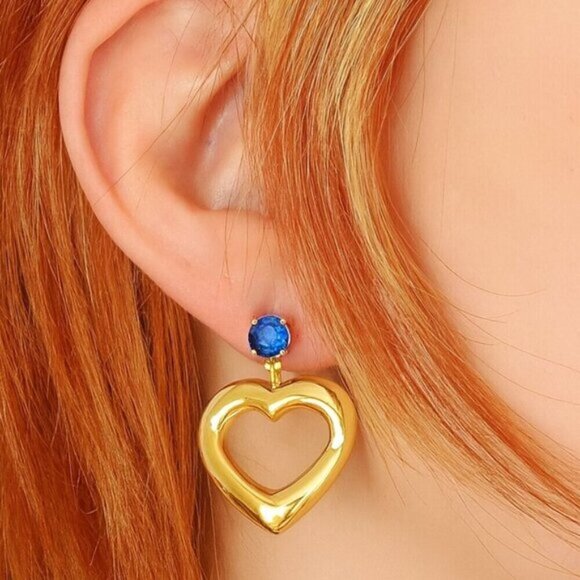 Blue CZ Stud Puffy Heart Dainty 18K Gold Plated Stainless Steel Earrings 💙✨ - Picture 3 of 9